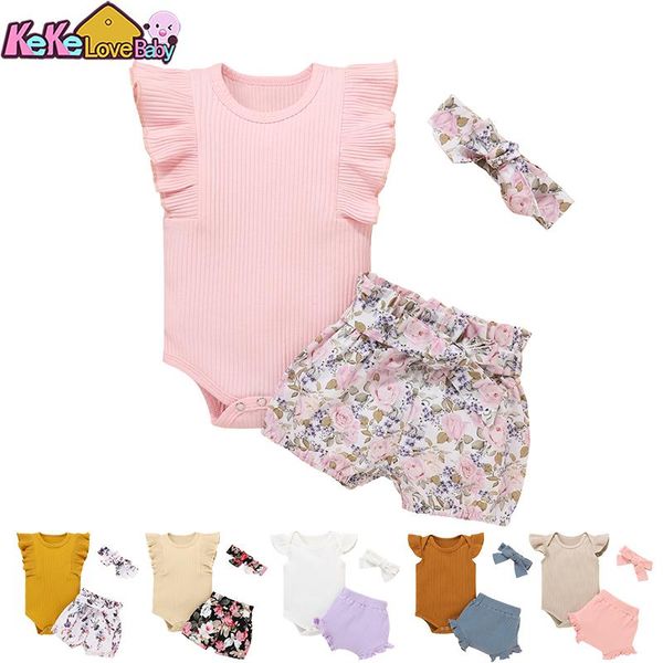 

clothing sets summer born infant baby girl clothes set cute cotton knitted short sleeve flower pants headband toddler outfits, White