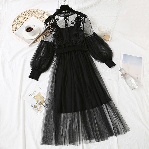 

casual dresses ed embroidered female flower lantern manga button two elegant garments casual feminine lace party 2021 spring, Black;gray