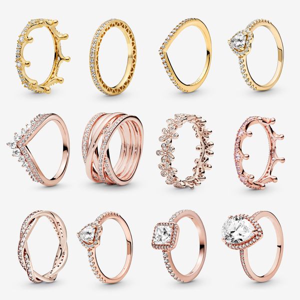 Autênticos anéis de prata esterlina 925 para mulheres CZ Diamond com conjunto de caixa original Fit estilo Pandora anel de casamento noivado joias finas presente ouro rosa