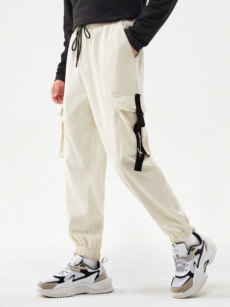 

men drawstring waist push buckle flap pocket cargo pants c7tz#, Black