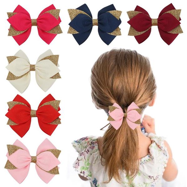 

hair accessories 4 inch chunky glitter children's clip dark gold pink dovetail waist hairpin girl bows handmade for kids, Slivery;white