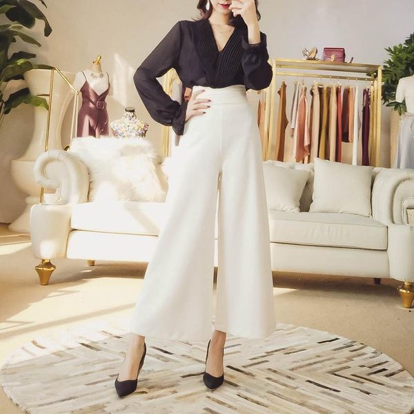 

women's pants & capris spring nine wide leg women slim fold casual, Black;white
