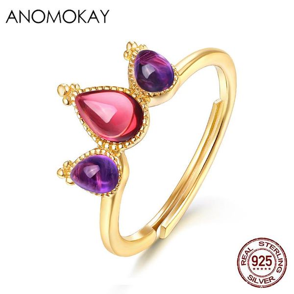 

cluster rings anomokay cute big oval garnet gold color for women girlfriend gift luxury sterling 925 silver adjustable ring jewelry, Golden;silver