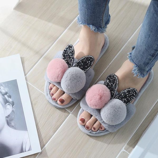 

women rhinestone ear fluffy slides home soft slippers woman short plush pompon shoes for fur mules female, Black