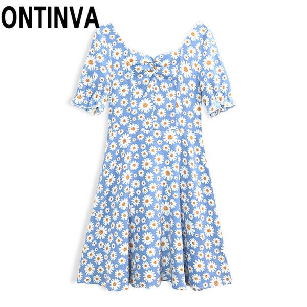 Yaz Elbise Ayçiçeği Baskı Mini Bir Çizgi Zarif Kısa Flora Kollu Vestidos De Fiesta Mavi Vintage Kadınlar 210527