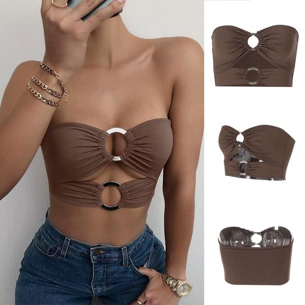 

women's tanks & camis women party beach sweat summer solid ring hollow one-line neck short wrap breasted halter crop, White