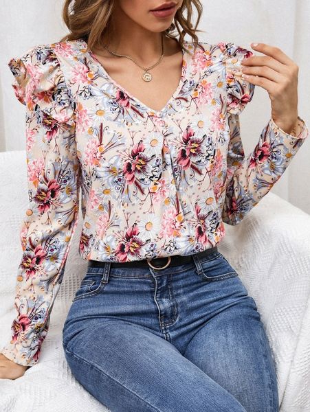 

floral print ruffle trim blouse 39cp#, White
