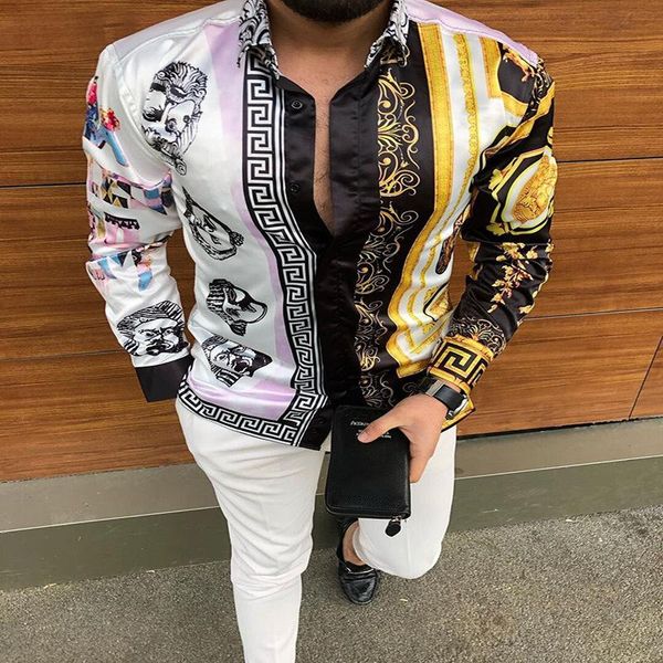 

men's casual shirts patchwork printed shirt, tight long-sleeved fall 2021, White;black
