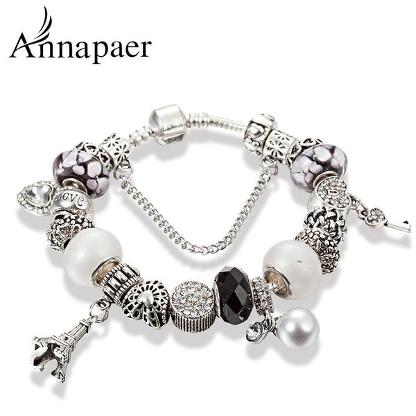 

charm bracelets annapaer heart bracelet for women black glass beads and eiffel tower fit diy jewelry b17055, Golden;silver