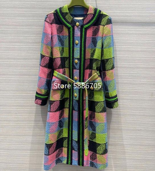 

women's wool & blends fashion designer vintage tweed overcoat women classic geometric plaid contrast color o-neck slim belt coat winter, Black