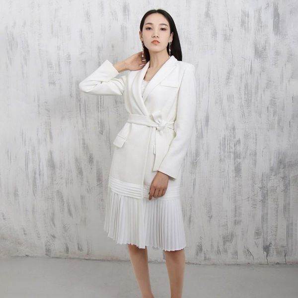 

women's trench coats pleated hem coat female fashion 2021 autumn lace up windbreaker high waist long sleeve patchwork, Tan;black