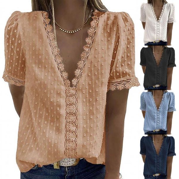 

women fashion lace short sleeve casual t-shirt v-neck solid color plus size t shirts loose s-3xl women's, White