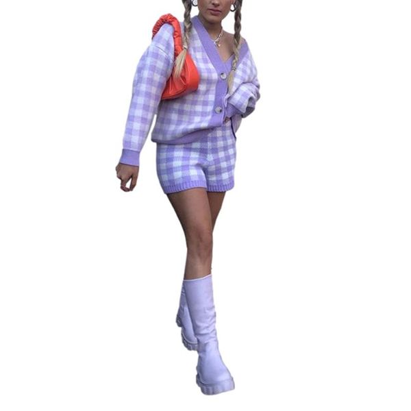 

women's tracksuits 2021 fall/winter y2k cardigan women knitted plaid jumper fashion loose oversized long sleeve v-neck sweater, Gray