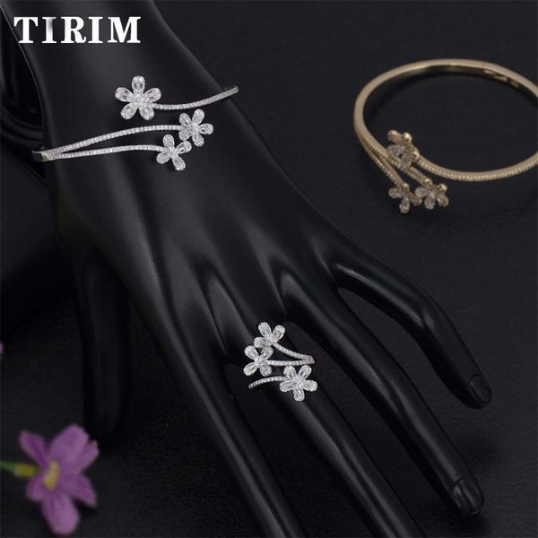 

earrings & necklace tirim bracele with ring sets cubic zircon jewelry set for women wedding party fashion banquet cz flower bangle accessori, Silver