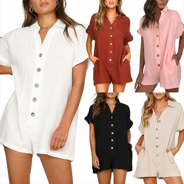 

80% salesfashion pure color women rompers single breasted v neck short sleeve jumpsuit, Black;white