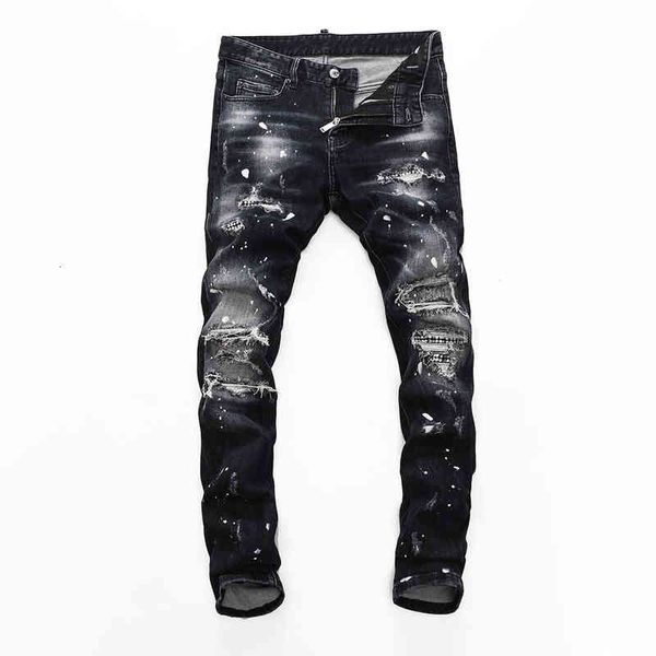 

men's jeans dsq brand european style mens slim elastic jeans men straight denim trousers zipper patchwork slim black hole for men 8247, Blue