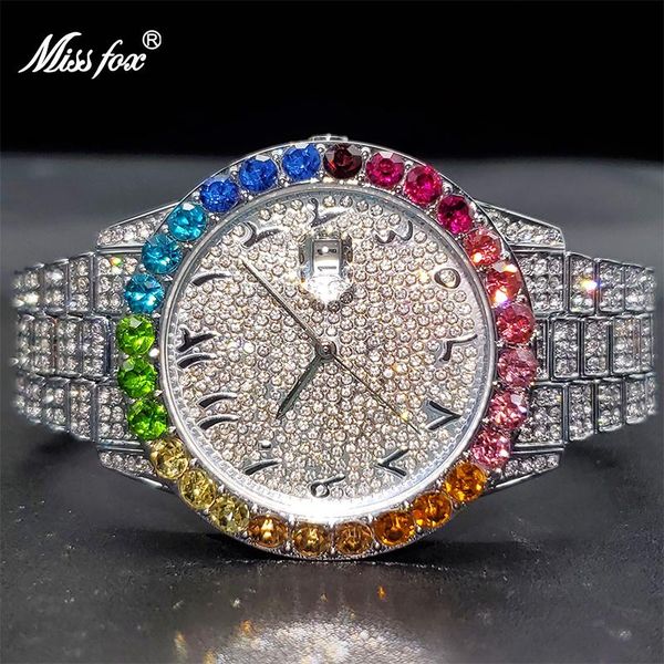 

wristwatches relojes de cuarzo hombre missfox classic rainbow bezel bold design diamond timepieces calendar 2021 generation of watches, Slivery;brown