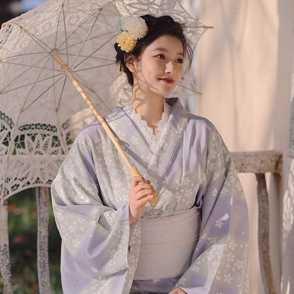 

ethnic clothing japanese retro waist kimono 2021 elegant goddess loose yukata light purple cherry blossom print slim dress, Red