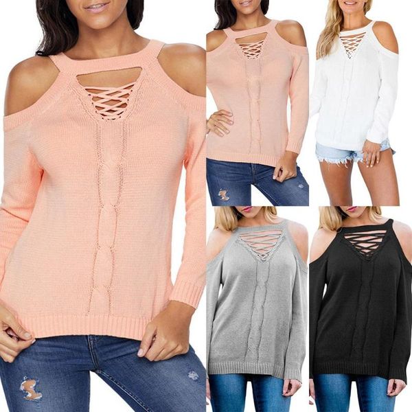 

women's sweaters cold shoulder cross strap v neck long sleeve sweater women solid color jumper 2021, White;black