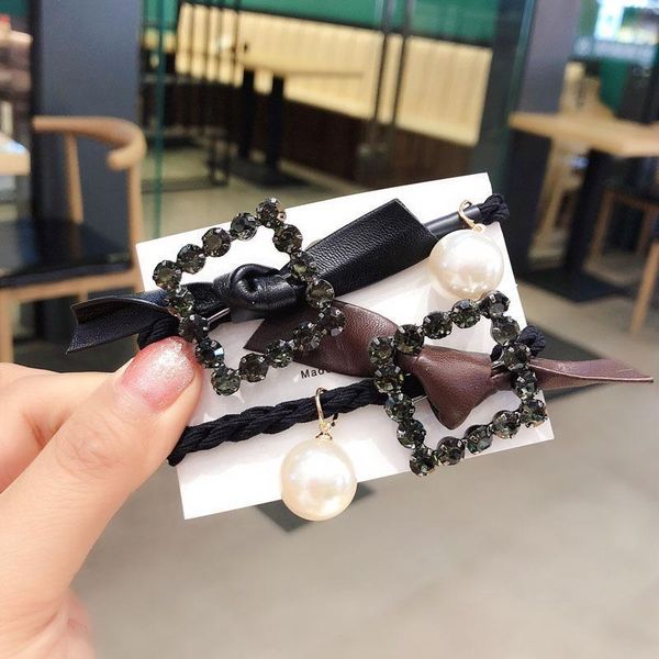 

temperament rhinestones square leather bow imitation pearl rubber band hair rope korean fashion women girl accessories1