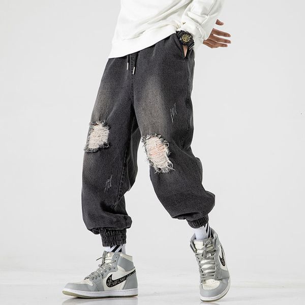 

men's jeans new baggy homme casual pants cargo pocket hole decorate black/blue color biker denim trousers big size -5xl q9hn