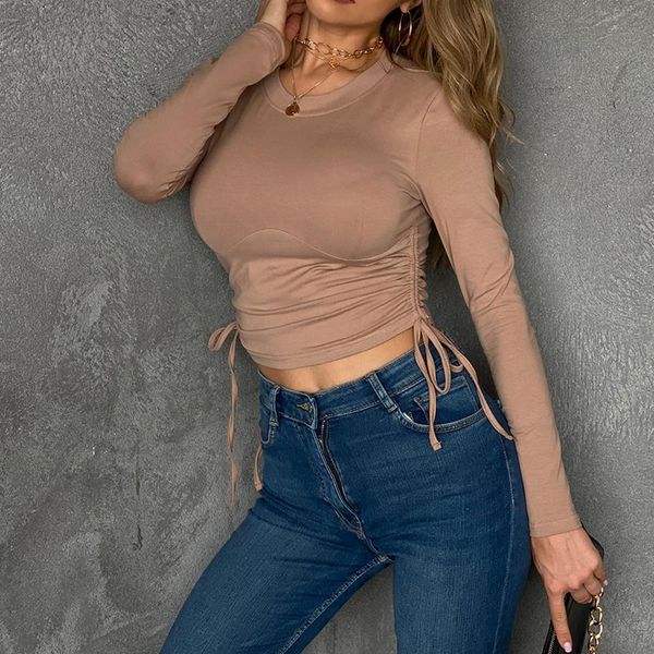 

women's t-shirt bandage long sleeve summer clothing drawstring streetwear solid color round neck basic crop tshirt evh6, White