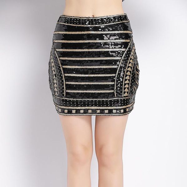 

vintage 1920s great gatsby party skirt high waist geometric striped baroque embroidery beading sequin pencil skirts, Black