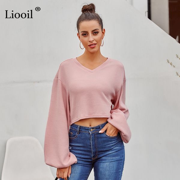 

knits autumn winter knit short sweater women long lantern sleeve v neck female casual loose solid pullovers and jumpers, White