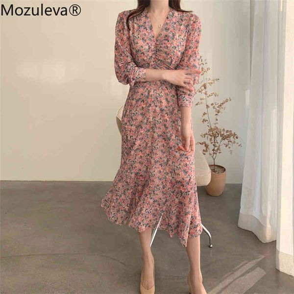 

summer slim waist floral print chiffon women dress female a-line elegant chic lace up midi vestidos femme 210427, Black;gray