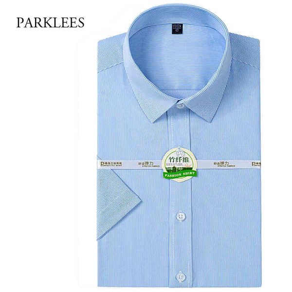 

striped bamboo shirts men summer short sleeve casual slim mens dress shirt non iron button up shirts for men camisas hombre 44 210524, White;black