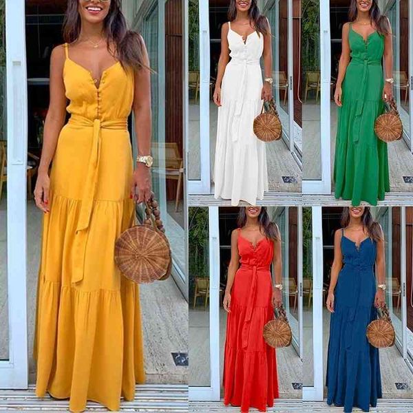 

plus size v-neck botton spaghetti strap dress women summer casual party sleeveless dresses long ladies vestidos 210603, Black;gray