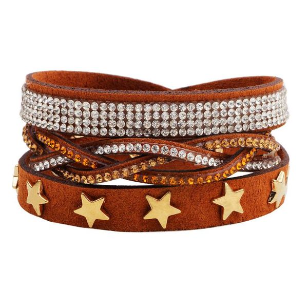 

tennis amorcome women's crystal rhinestone wrap bracelet stars charm long leather braided bracelets boho multi layer stackable bangles, Golden;silver