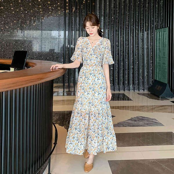 

casual dresses v neck slim waist woman print short sleeve chiffon midi femme 3qsg, Black;gray