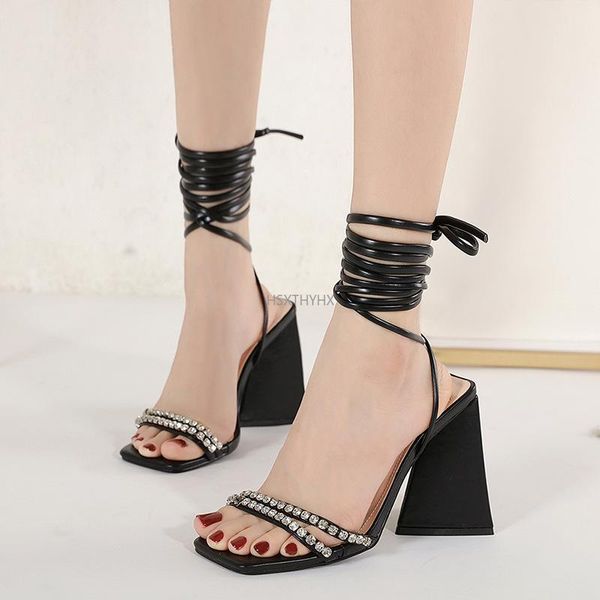 

sandals summer women shoes high heels lace-up ankle strap dress party fashion rhinestone square toe de mujer, Black