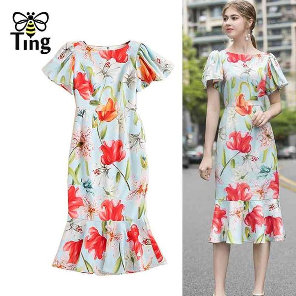 

vintage runway floral flower print ruffles hem mermaid dress elegant lady party dinner dresses vestidos plus size 210513, Black;gray