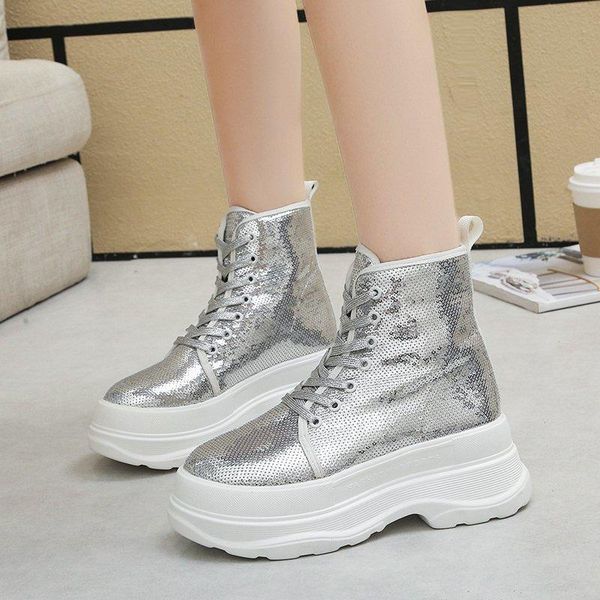 

boots 2021 black silver glitter chunky platform women thick sole lace up wedge high heels ankle woman autumn winter shoes