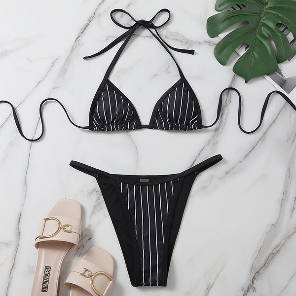 

black and white striped lace up split bikini swimsuit for women, White;black