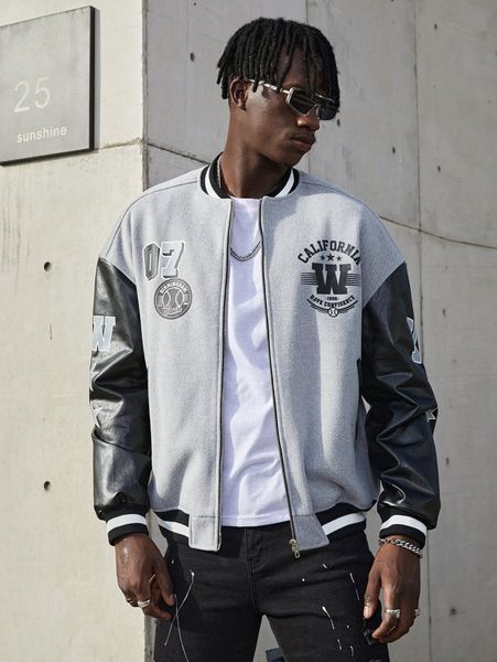 

men drop shoulder letter & star pattern bomber jacket l8fw#, Black;brown