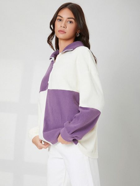 

two tone half zipper drop shoulder fleece pullover 39xk#, White;black