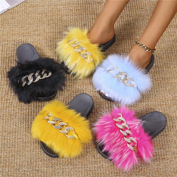 

slippers 2021 furry winter warm metal chain buckle home women flip flop round toe shoes indoor female, Black