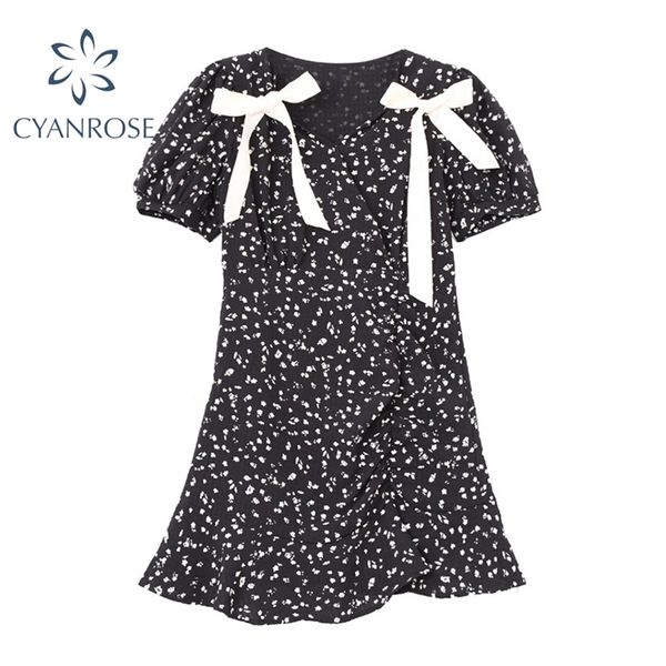 

summer vintage flower print bow appliques women's dress fashion v neck puff sleeve ruffle causal mini a-line lady 210430, Black;gray
