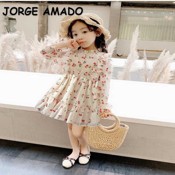 Summer Kids Girls Dress Beige Floral Cartoon Cherry Long Puff Sleeves Girl Dresses Bambini Abbigliamento casual E507 210610