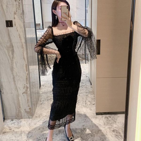 

runway designers 2021 spring vintage square collar flare sleeve polka dot mesh dresses for women elegant black midi dress casual, Black;gray