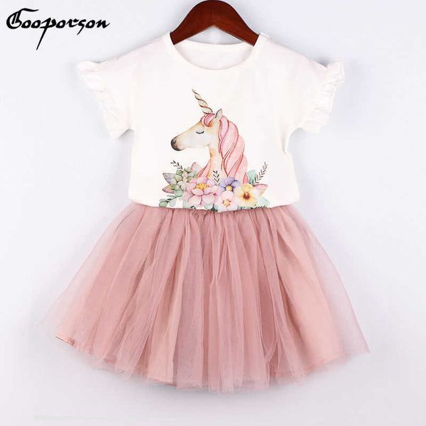 

girls clothes set arrive white unicorn shirt and pink tutu skirt 2 pcs clothing suit summer outerwear suit for kids girl 210715