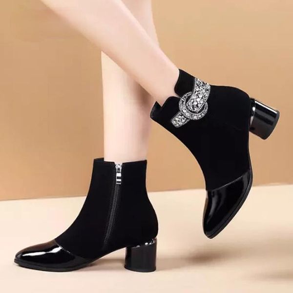 

boots fashion buckle leather rhinestones ankle woman brand round toe shoes female spring autumn women drop, Black