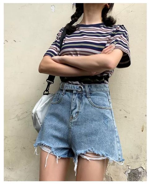 

summer women denim shorts 2021 plus size 5xl high waist loose wide leg tessel slim hole casual streetwear women's, White;black