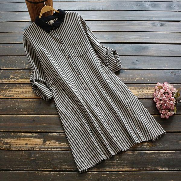 

autumn women 2021 mori girl big size literary cotton linen stripe long shirt female turn down collar sleeve blouse women's blouses & s, White