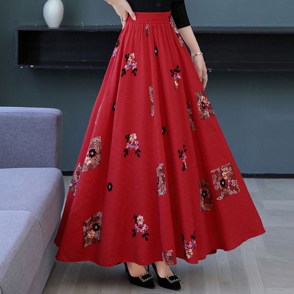 

spring floral clothes big cotton and linen embroidered retro female ethnic style skirt long y1051 x8os, Black