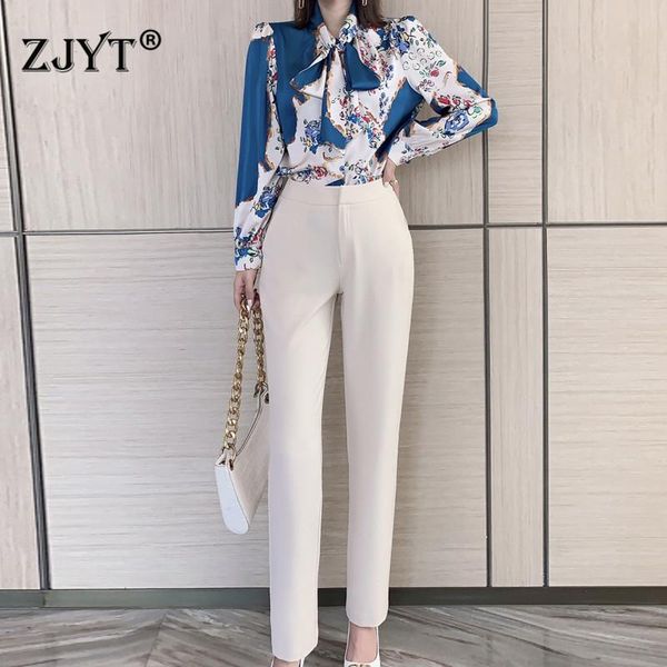 

women's two piece pants 2021 spring runway set women elegant bow collar floral print blouse and suit office lady outfits, White