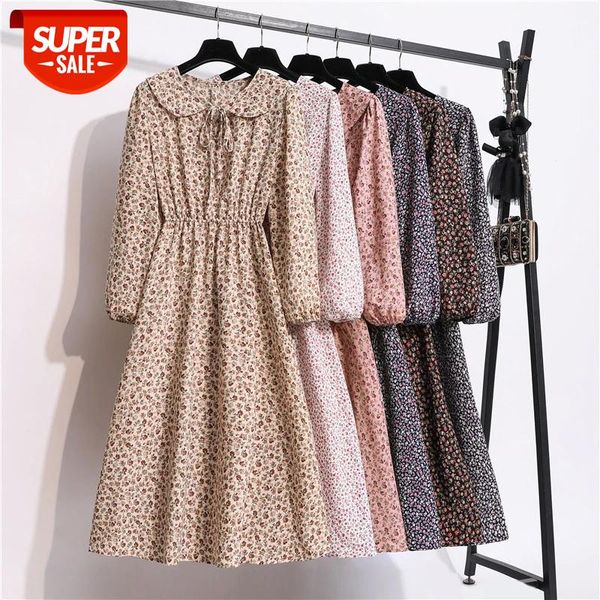 

Autumn Sweet Peter Pan Collar Floral Dress Women 2020 New Office Lady High Waist Full Sleeve Chiffon Dress #qn44, White;black